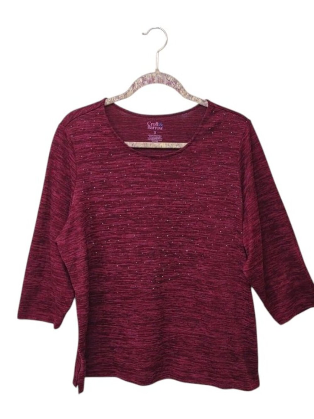 Croft & Barrow Marled Berry 3/4 Sleeve Silver & Pink Sparkle Embellishments Top